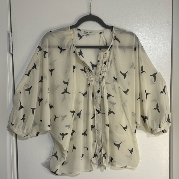 🐦‍⬛ Black Rainn Sheer Bird Print Blouse – Size Small - Picture 1 of 7